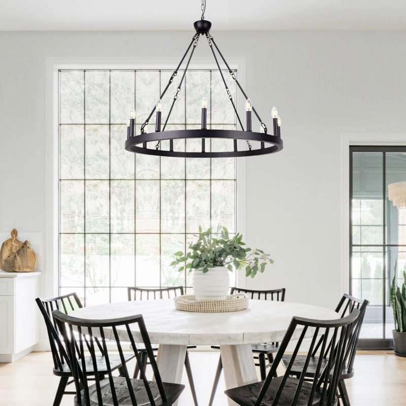 12 Lights Wagon Wheel Chandelier Black Round Globe Wrought Iron Pendant Lights - Image 2